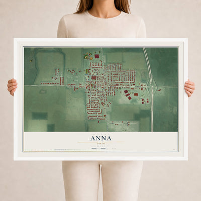 Map of Anna, Ohio, 24 x 36 inch print in a white wood frame