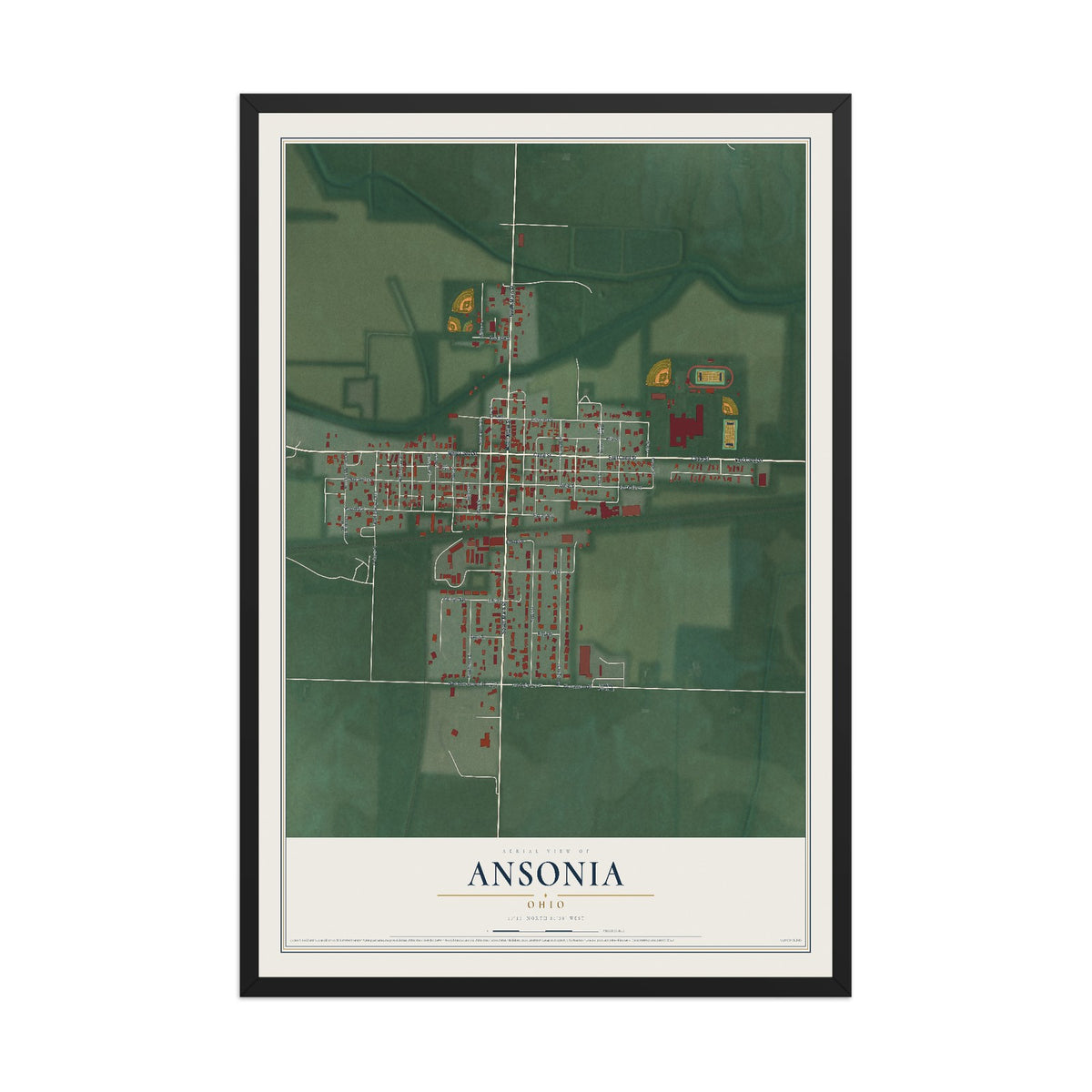 Map of Ansonia, Ohio, 12 x 18 inch print in a black wood frame