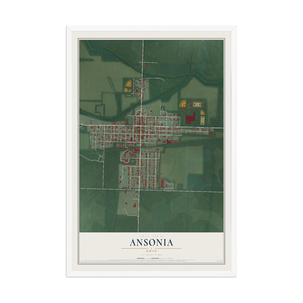 Map of Ansonia, Ohio, 12 x 18 inch print in a white wood frame