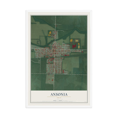 Map of Ansonia, Ohio, 12 x 18 inch print in a white wood frame