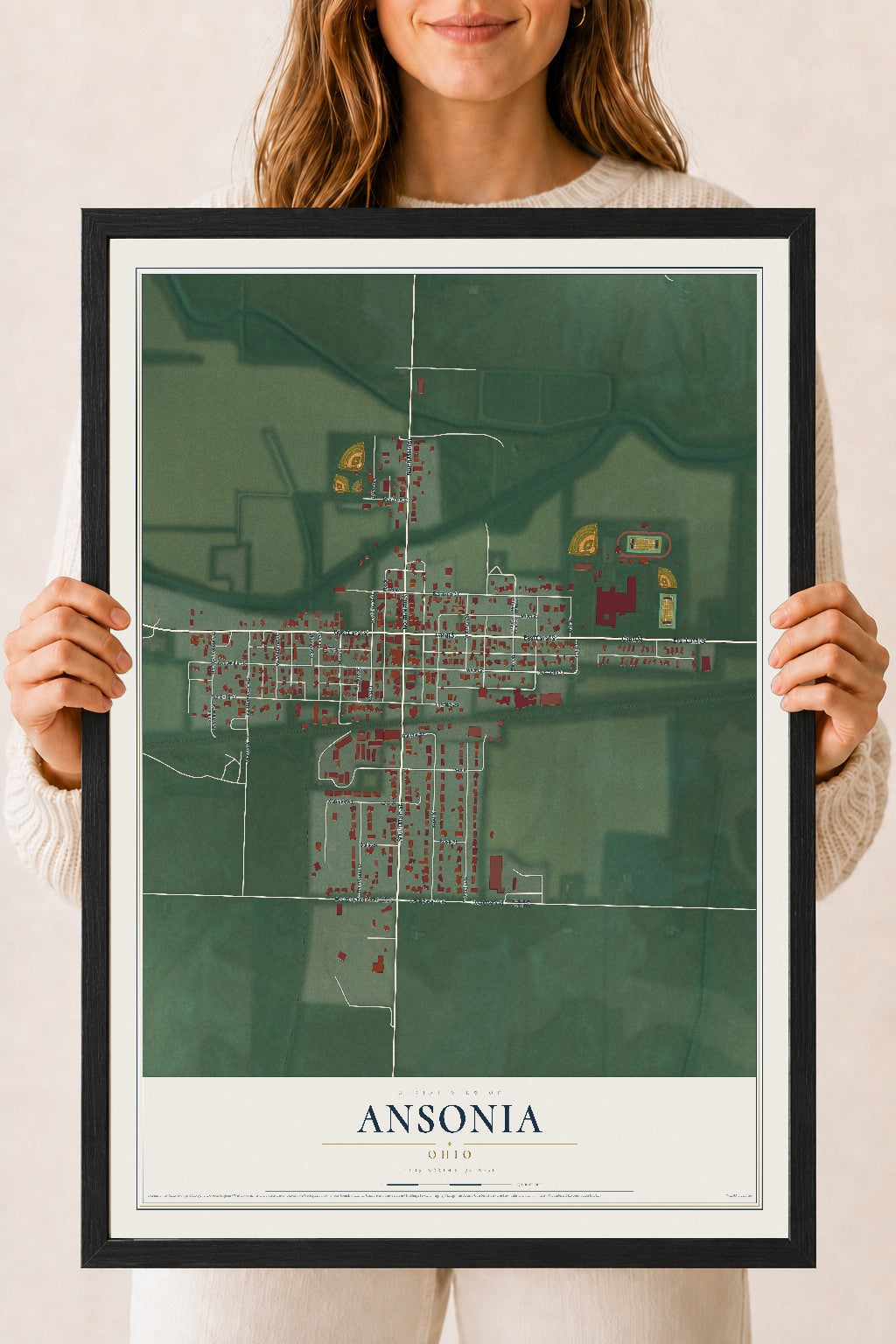 Map of Ansonia, Ohio, 18 x 24 inch print in a black wood frame