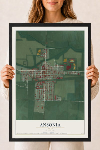 Map of Ansonia, Ohio, 18 x 24 inch print in a black wood frame