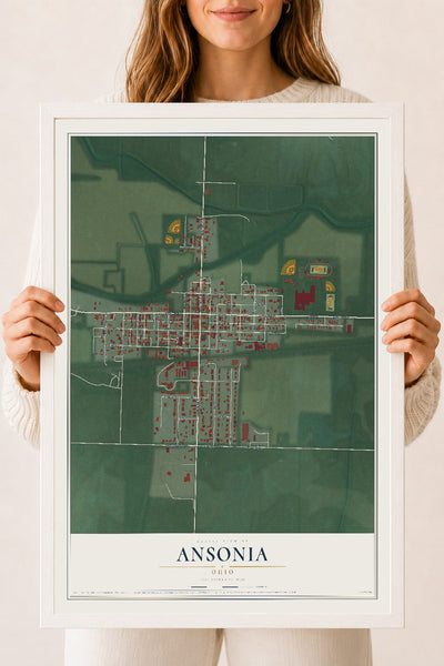 Map of Ansonia, Ohio, 18 x 24 inch print in a white wood frame
