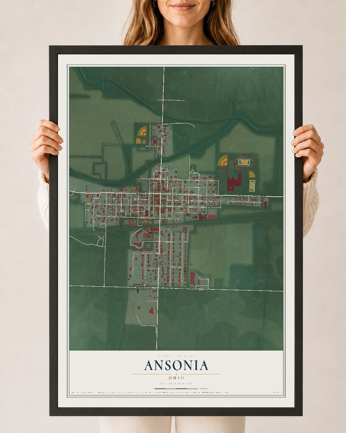 Map of Ansonia, Ohio, 24 x 36 inch print in a black wood frame