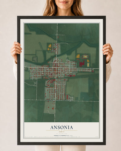 Map of Ansonia, Ohio, 24 x 36 inch print in a black wood frame