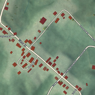 Close-up of the map of Antioch, Ohio print showing street and building detail
