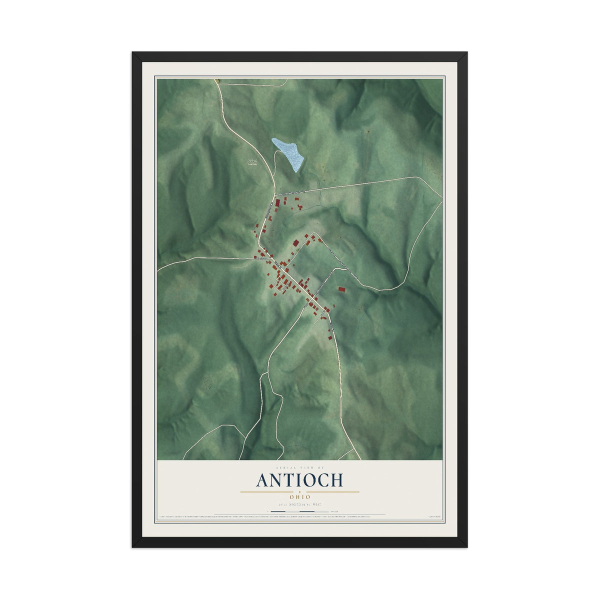 Map of Antioch, Ohio, 12 x 18 inch print in a black wood frame