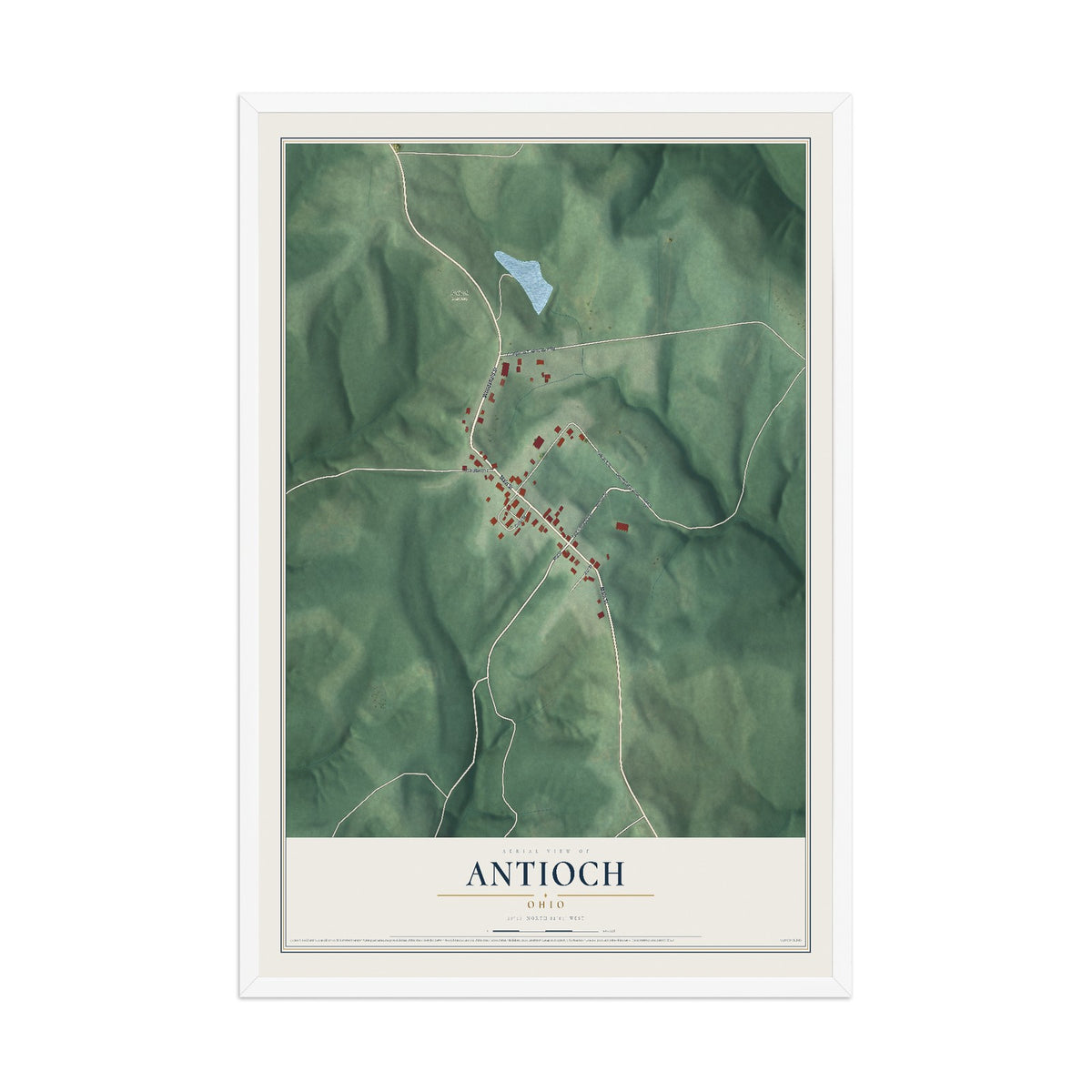 Map of Antioch, Ohio, 12 x 18 inch print in a white wood frame