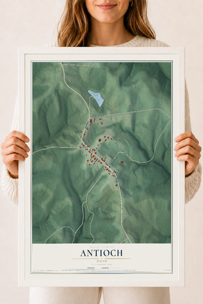 Map of Antioch, Ohio, 18 x 24 inch print in a white wood frame