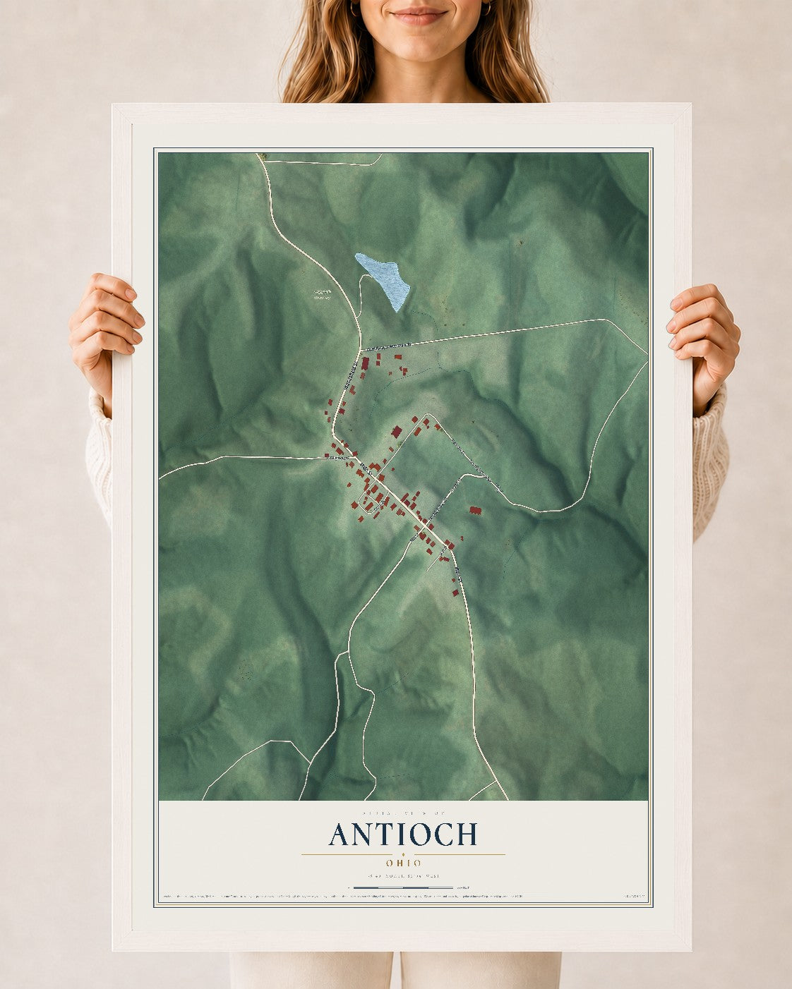 Map of Antioch, Ohio, 24 x 36 inch print in a white wood frame