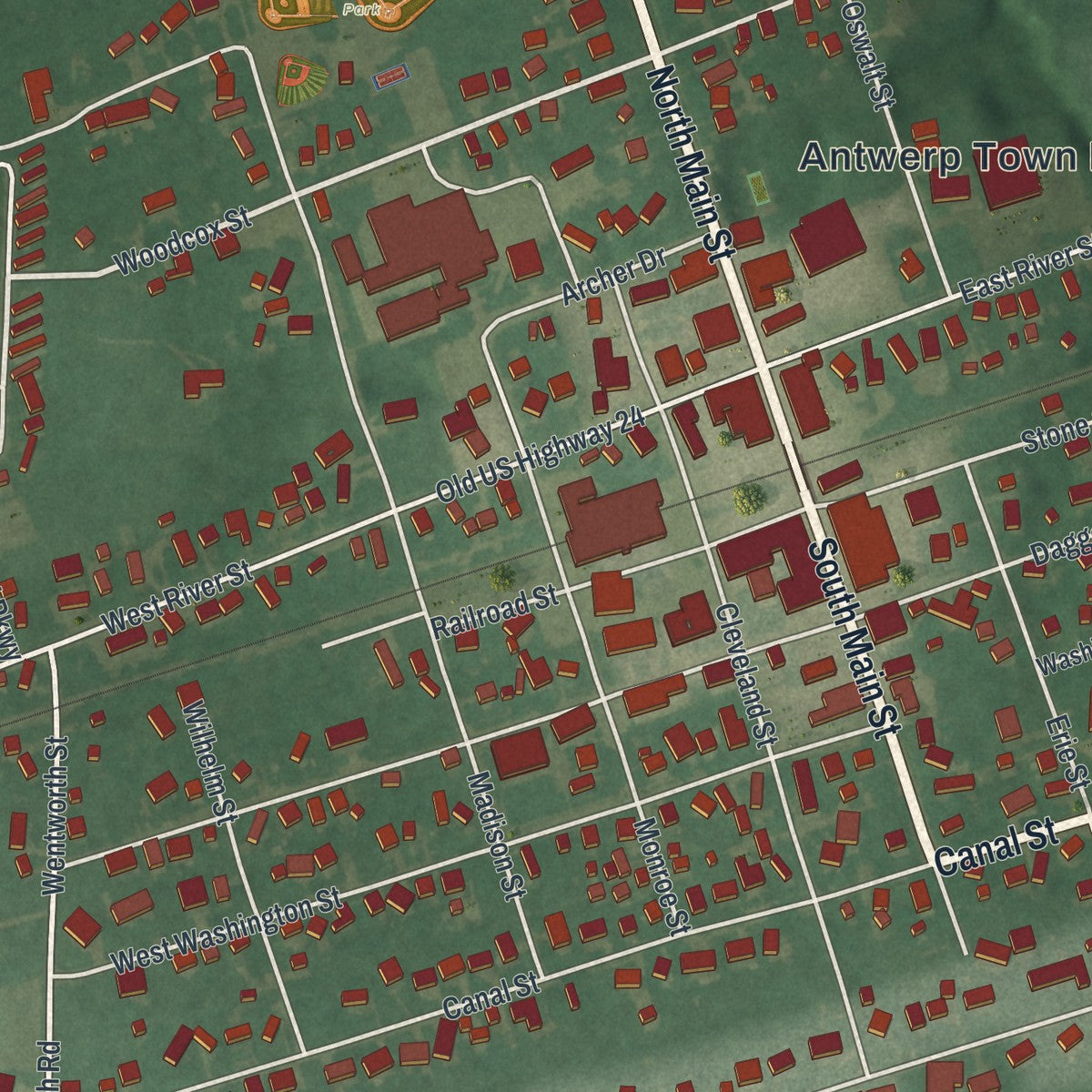 Close-up of the map of Antwerp, Ohio print showing street and building detail