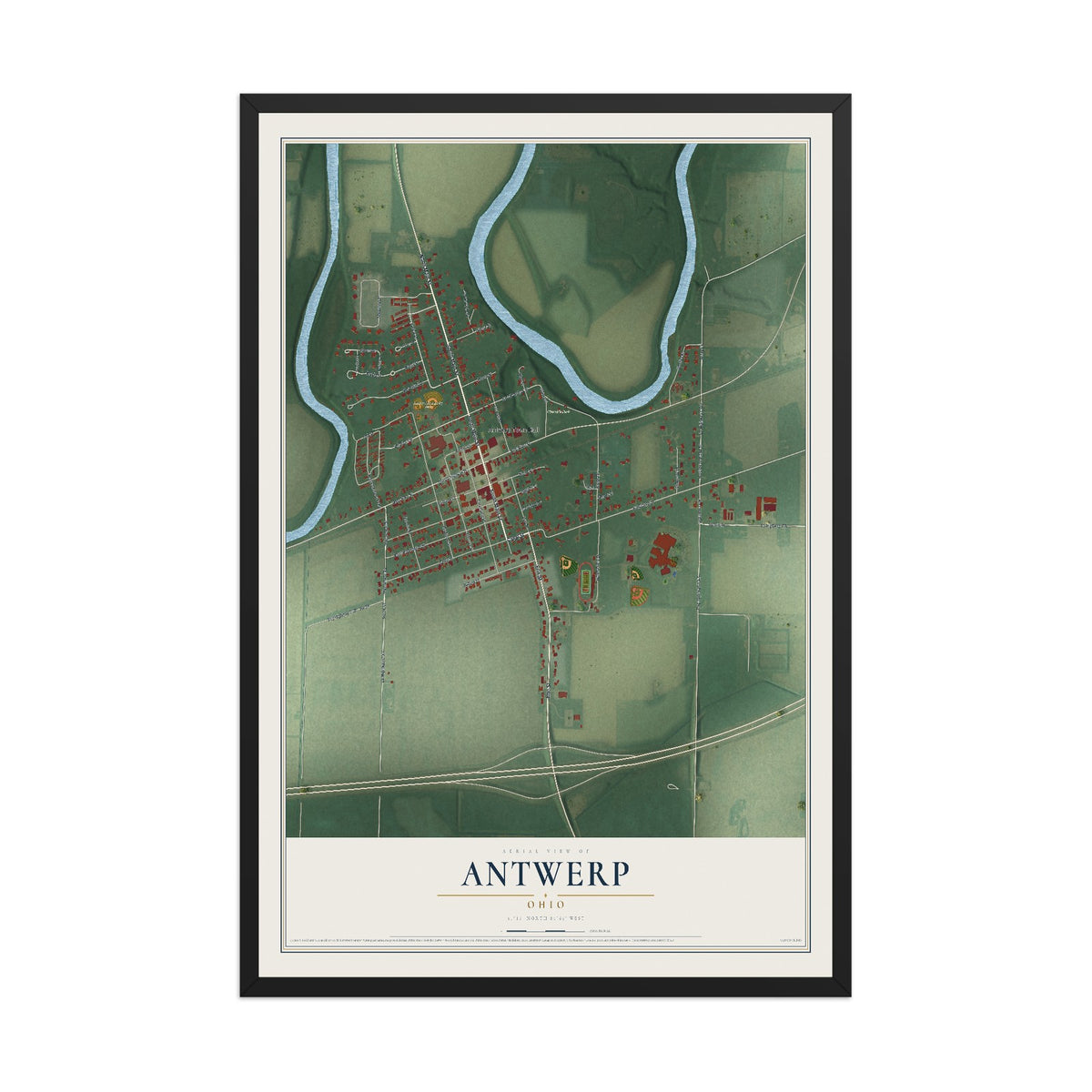 Map of Antwerp, Ohio, 12 x 18 inch print in a black wood frame