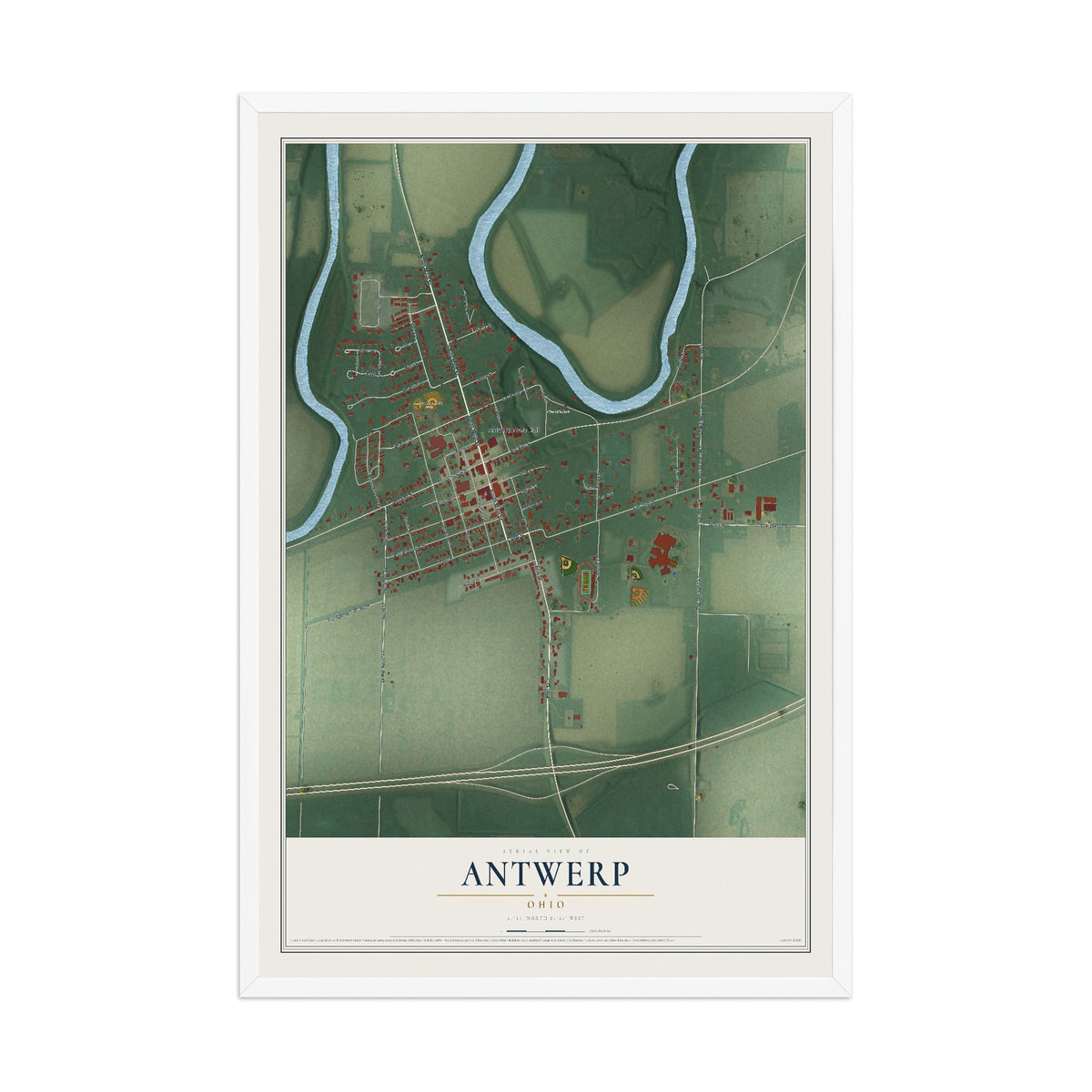 Map of Antwerp, Ohio, 12 x 18 inch print in a white wood frame