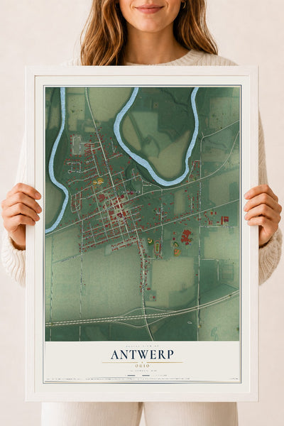 Map of Antwerp, Ohio, 18 x 24 inch print in a white wood frame