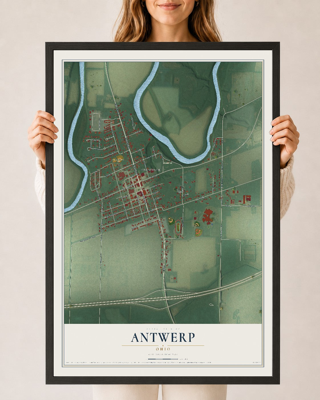 Map of Antwerp, Ohio, 24 x 36 inch print in a black wood frame