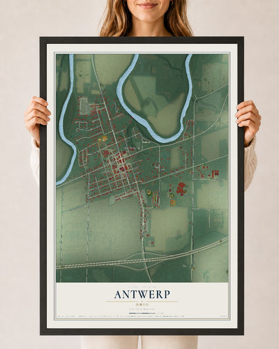 Map of Antwerp, Ohio, 24 x 36 inch print in a black wood frame
