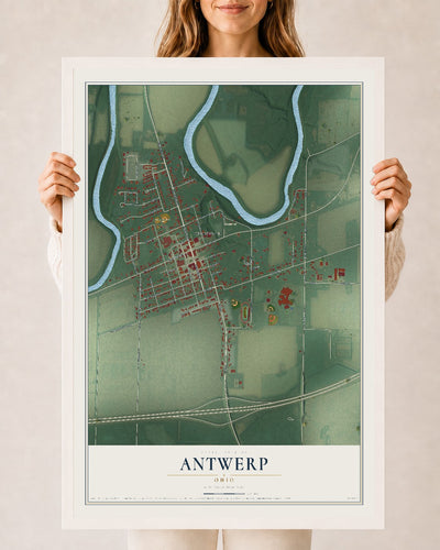 Map of Antwerp, Ohio, 24 x 36 inch print in a white wood frame