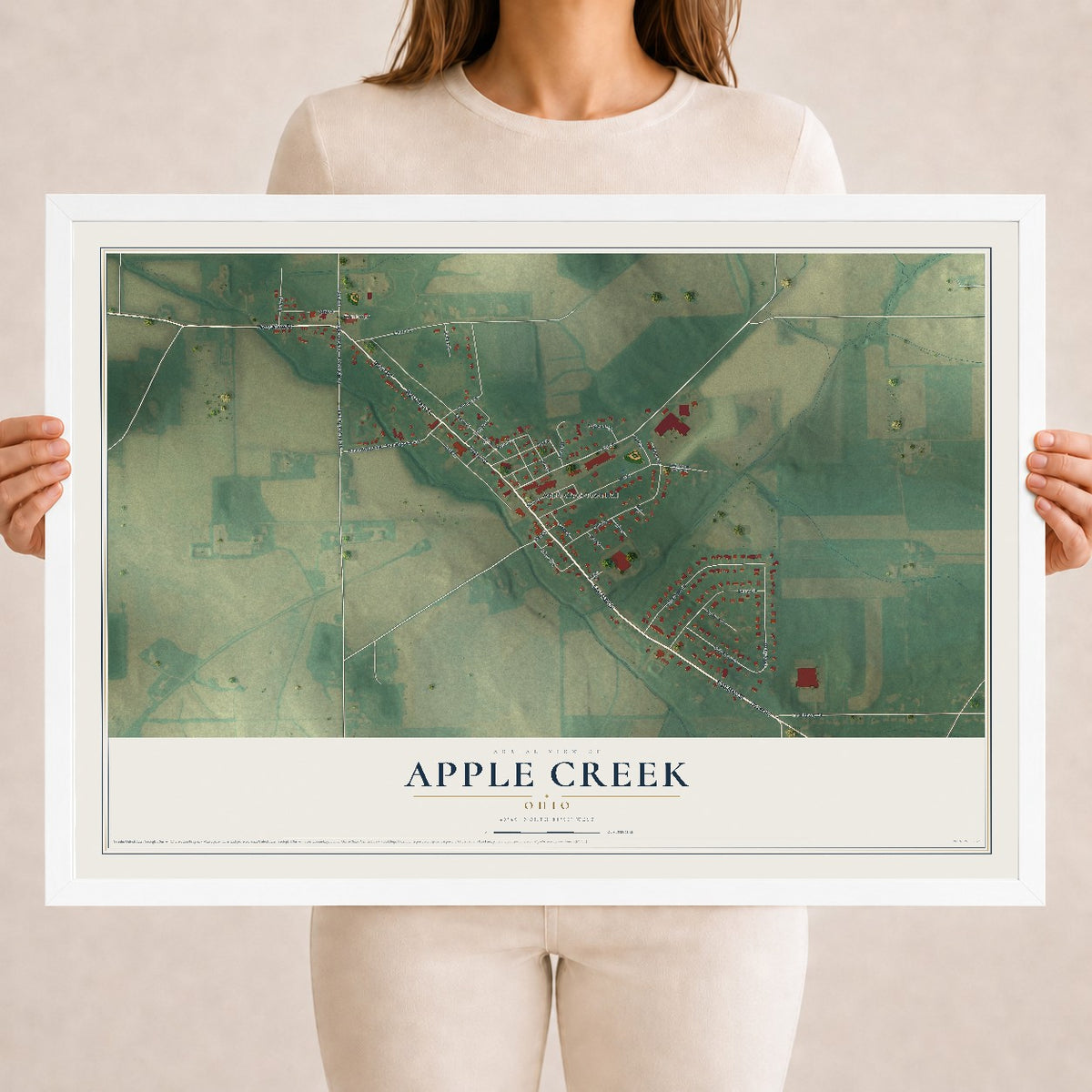 Map of Apple Creek, Ohio, 18 x 24 inch print in a white wood frame