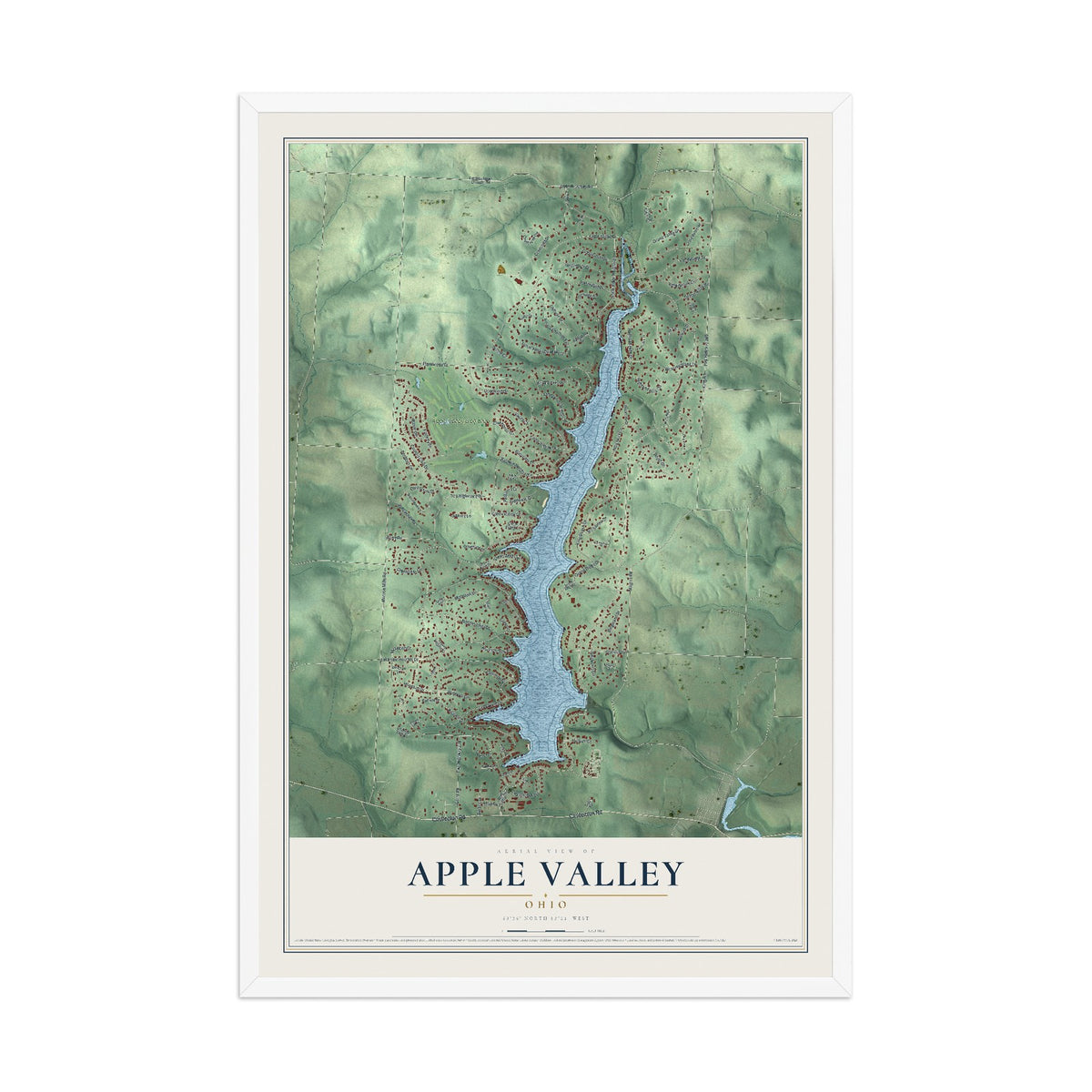 Map of Apple Valley, Ohio, 12 x 18 inch print in a white wood frame