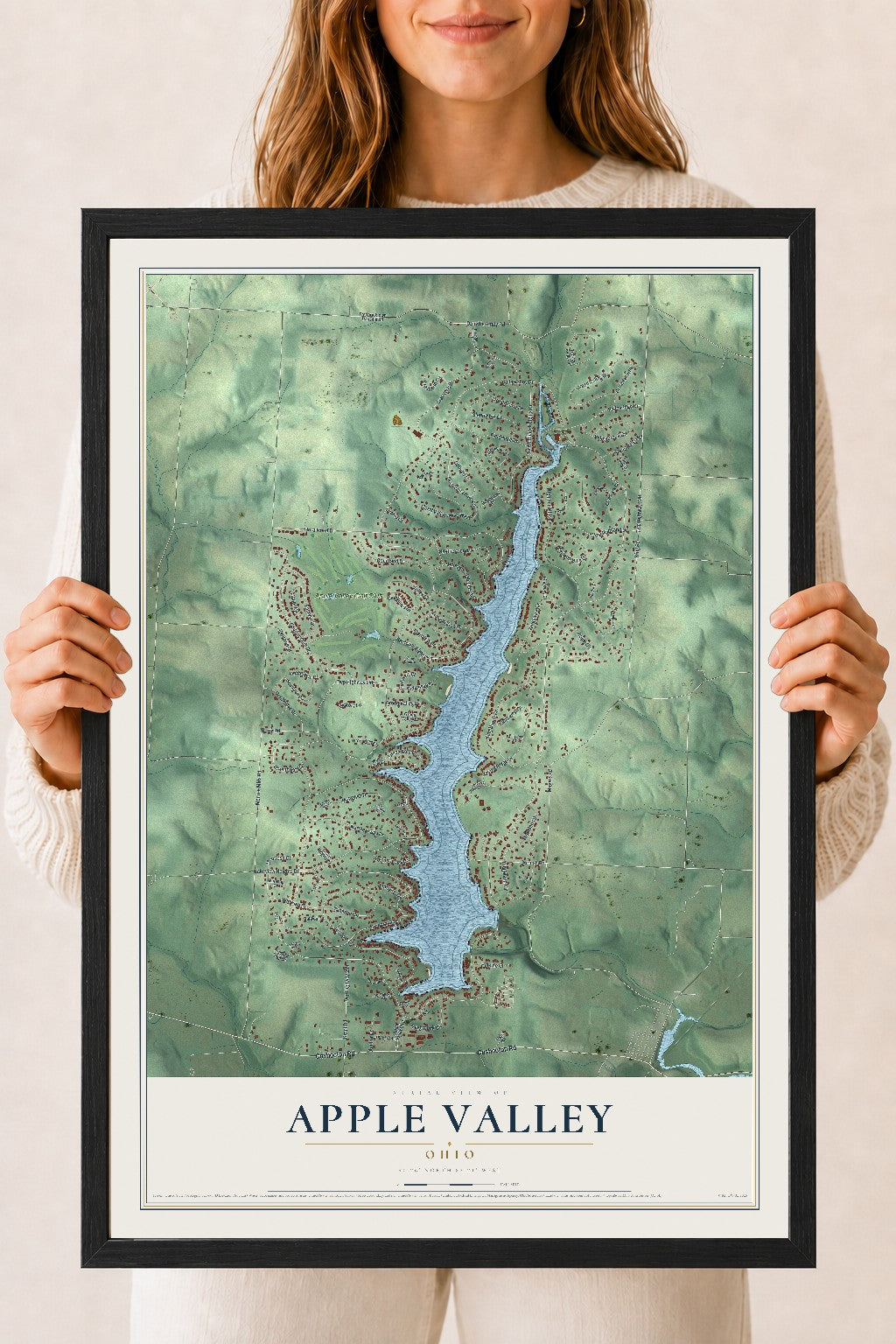 Map of Apple Valley, Ohio, 18 x 24 inch print in a black wood frame