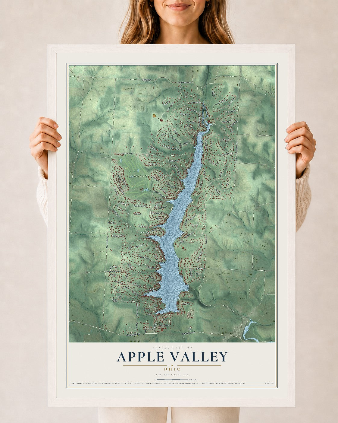 Map of Apple Valley, Ohio, 24 x 36 inch print in a white wood frame