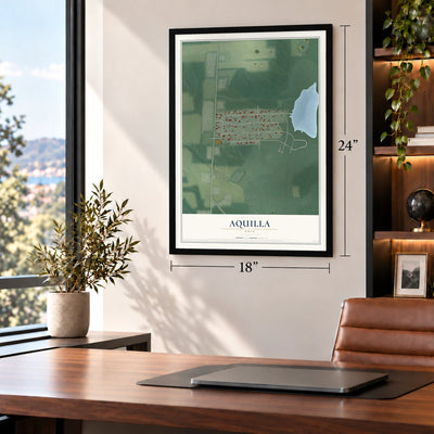 Aquilla, Ohio map, 18 x 24 inch print in a black frame in a home office