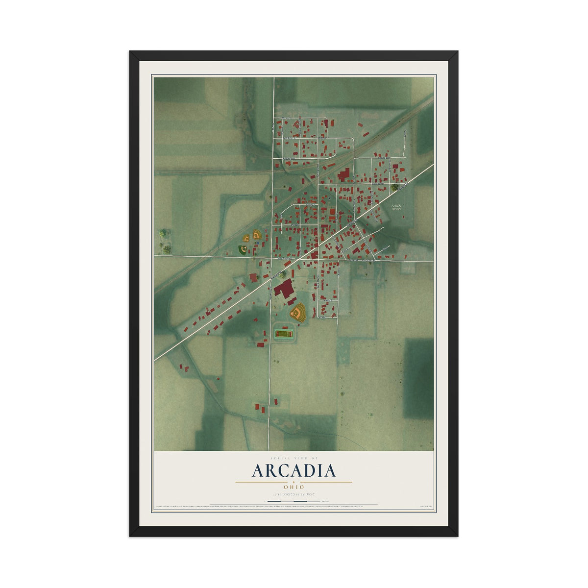 Map of Arcadia, Ohio, 12 x 18 inch print in a black wood frame