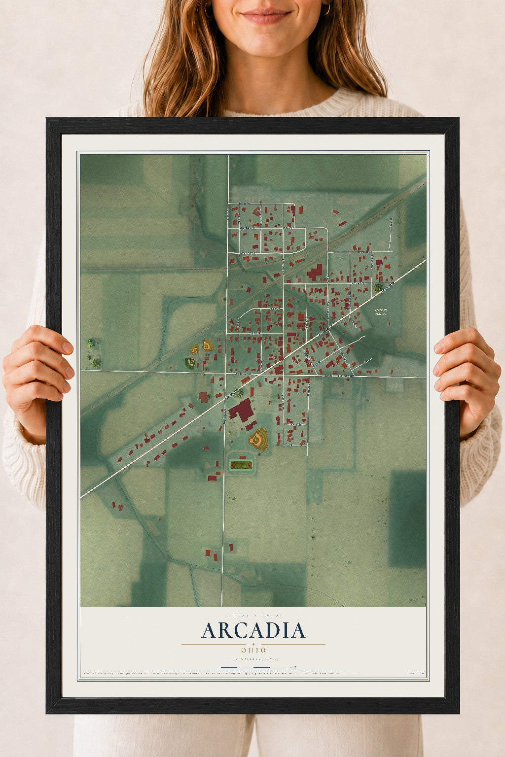 Map of Arcadia, Ohio, 18 x 24 inch print in a black wood frame