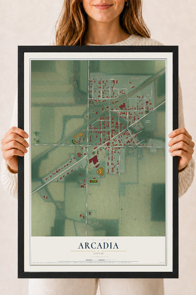 Map of Arcadia, Ohio, 18 x 24 inch print in a black wood frame