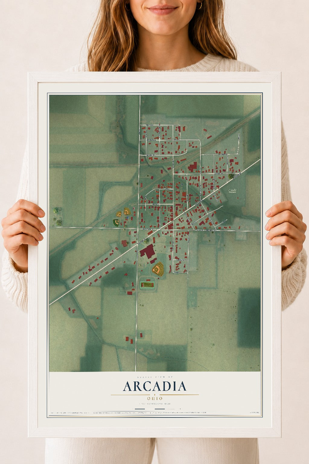 Map of Arcadia, Ohio, 18 x 24 inch print in a white wood frame
