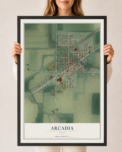 Map of Arcadia, Ohio, 24 x 36 inch print in a black wood frame