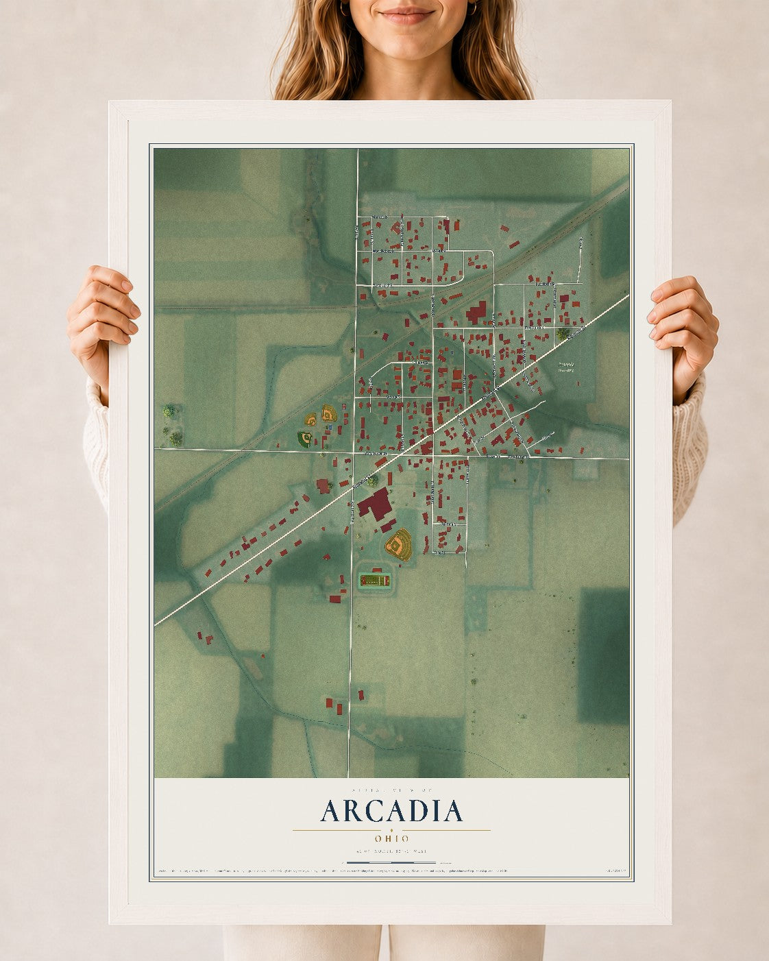 Map of Arcadia, Ohio, 24 x 36 inch print in a white wood frame