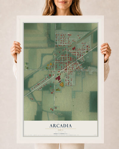 Map of Arcadia, Ohio, 24 x 36 inch print in a white wood frame
