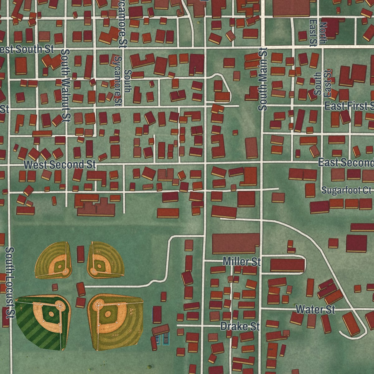 Close-up of the map of Arcanum, Ohio print showing street and building detail