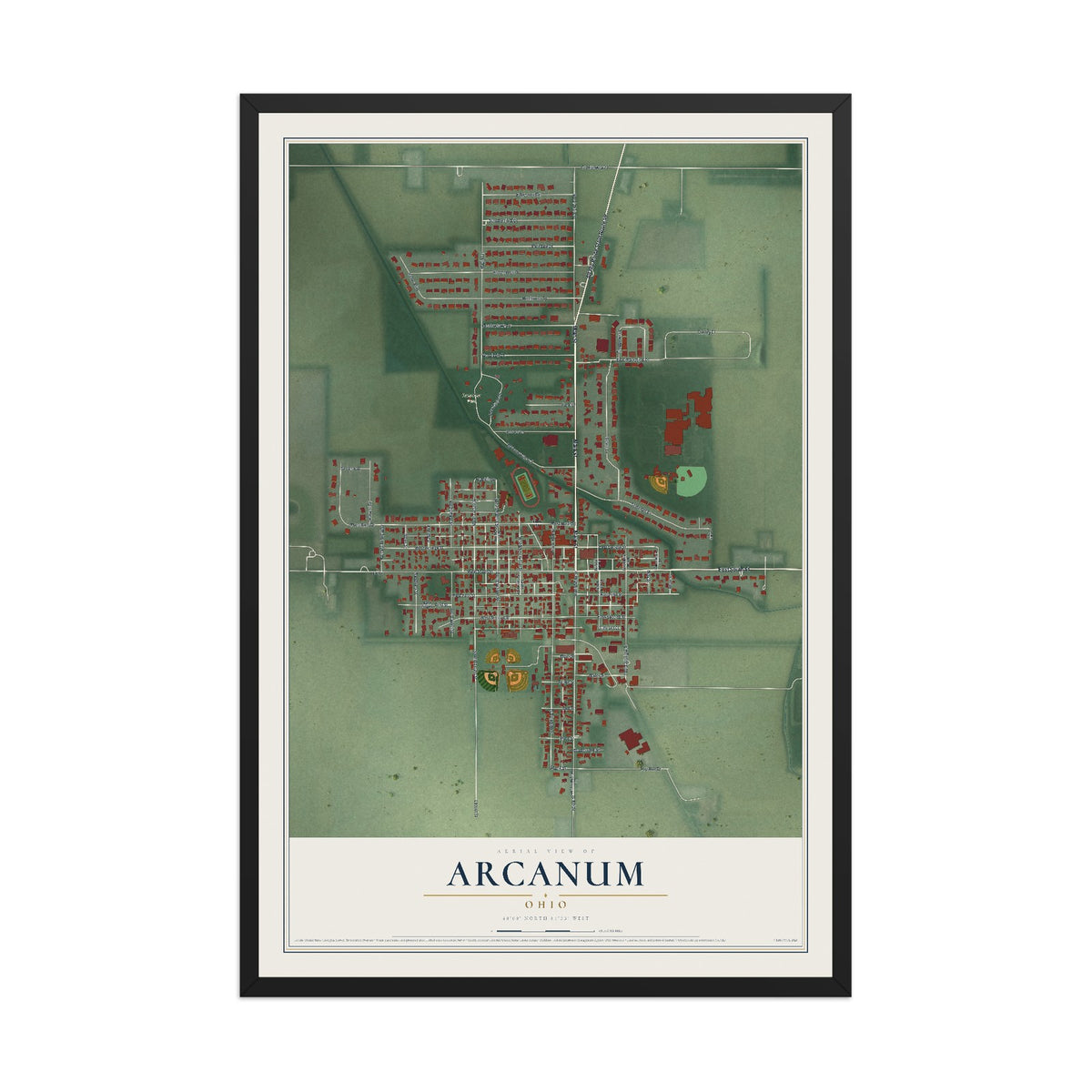 Map of Arcanum, Ohio, 12 x 18 inch print in a black wood frame