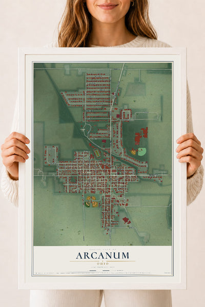 Map of Arcanum, Ohio, 18 x 24 inch print in a white wood frame