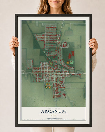 Map of Arcanum, Ohio, 24 x 36 inch print in a black wood frame