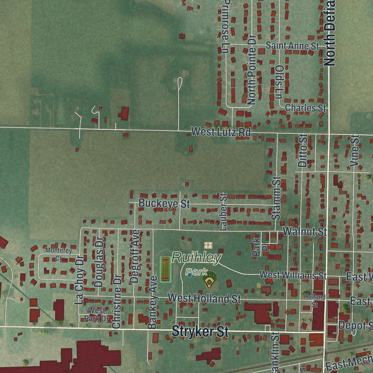 Second close-up of the map of Archbold, Ohio print showing more streets and buildings