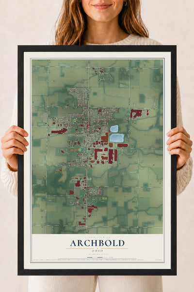 Map of Archbold, Ohio, 18 x 24 inch print in a black wood frame