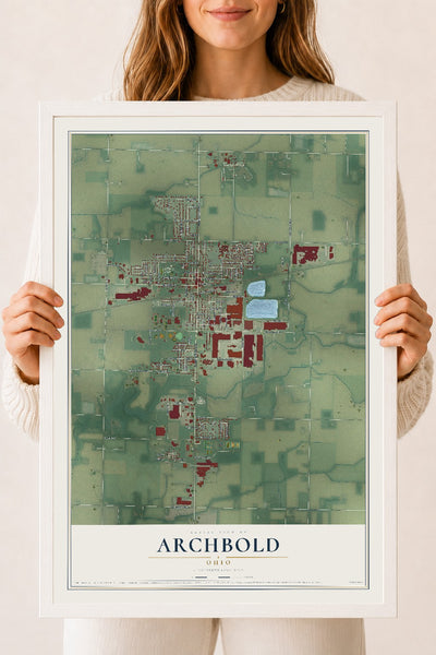 Map of Archbold, Ohio, 18 x 24 inch print in a white wood frame