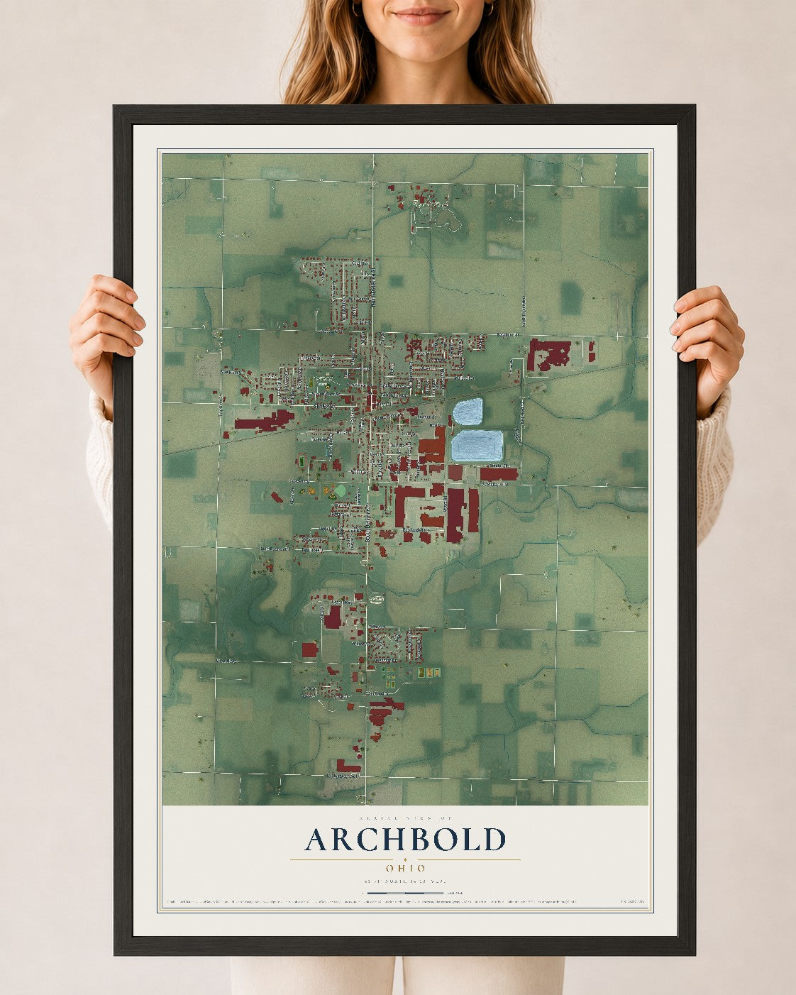 Map of Archbold, Ohio, 24 x 36 inch print in a black wood frame