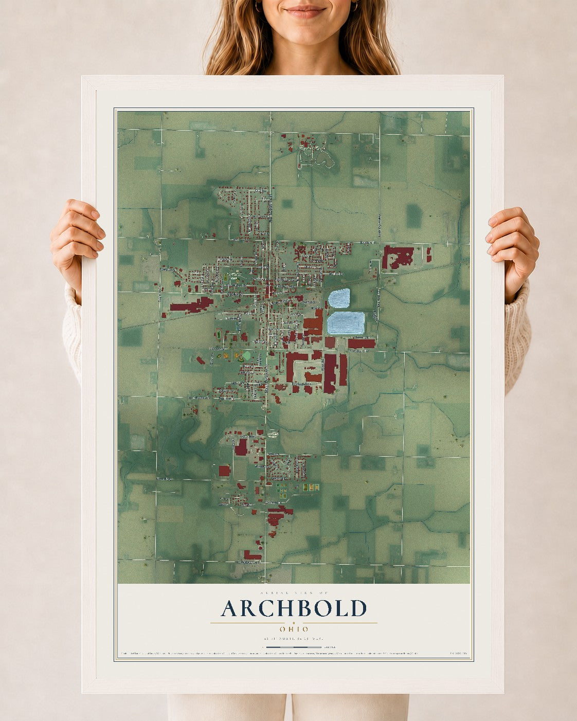 Map of Archbold, Ohio, 24 x 36 inch print in a white wood frame