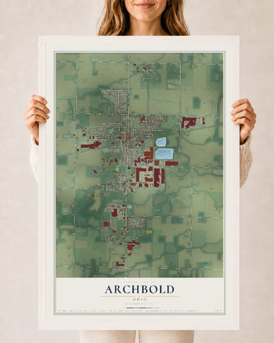 Map of Archbold, Ohio, 24 x 36 inch print in a white wood frame