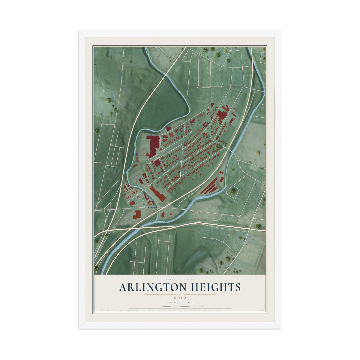 Map of Arlington Heights, Ohio, 12 x 18 inch print in a white wood frame