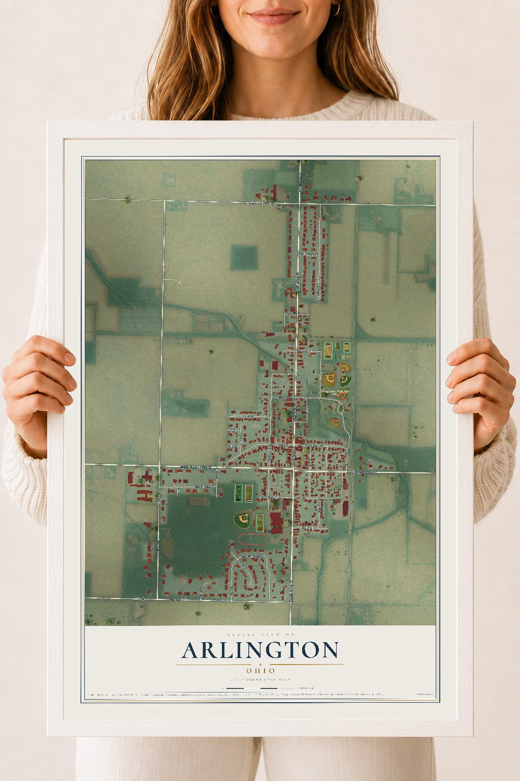 Map of Arlington, Ohio, 18 x 24 inch print in a white wood frame
