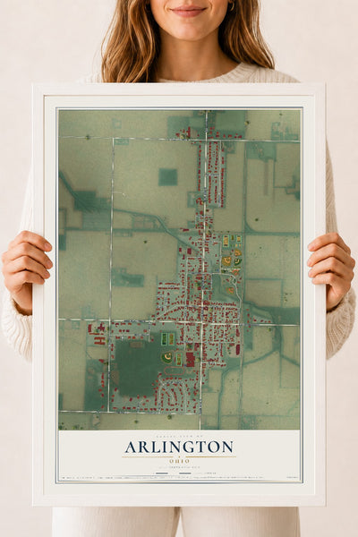 Map of Arlington, Ohio, 18 x 24 inch print in a white wood frame