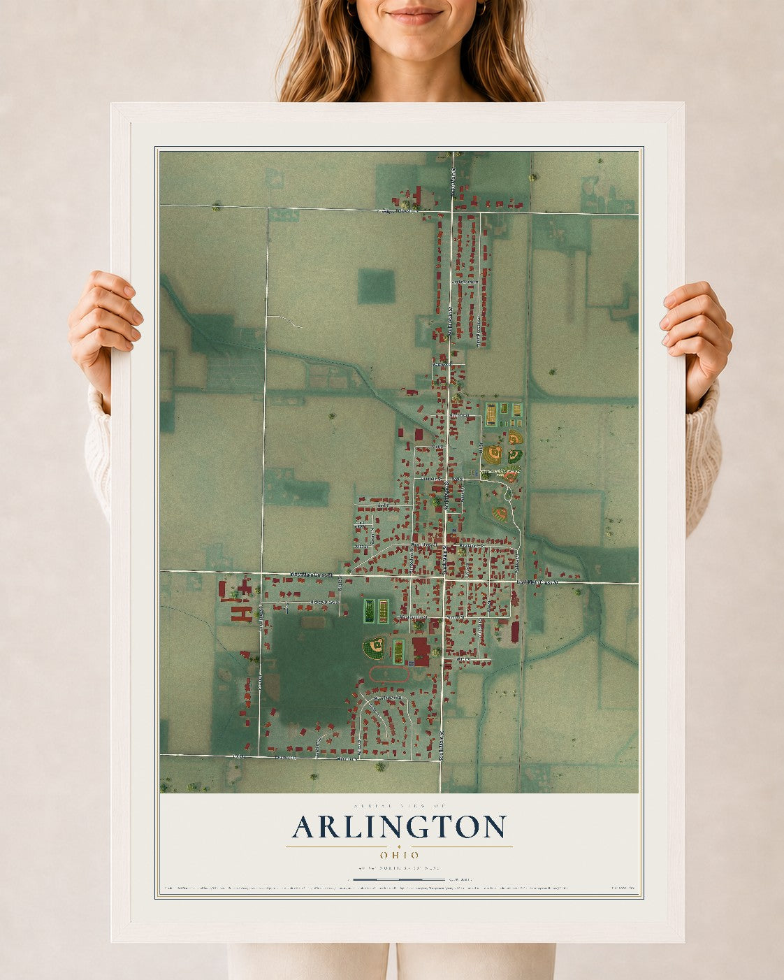Map of Arlington, Ohio, 24 x 36 inch print in a white wood frame