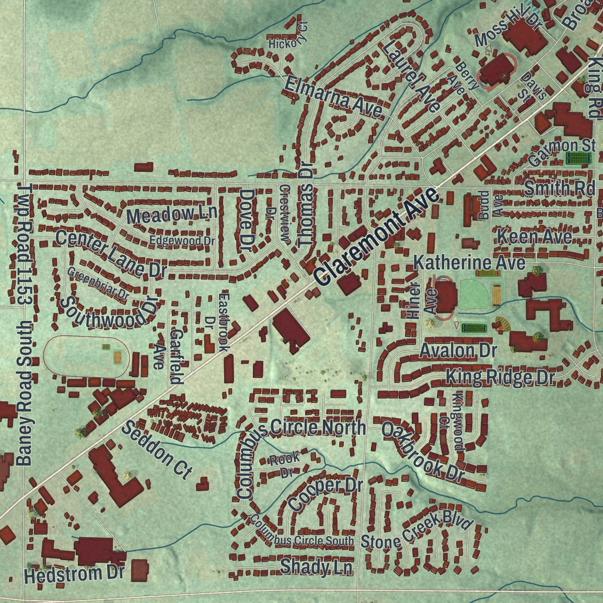 Close-up of the map of Ashland, Ohio print showing street and building detail