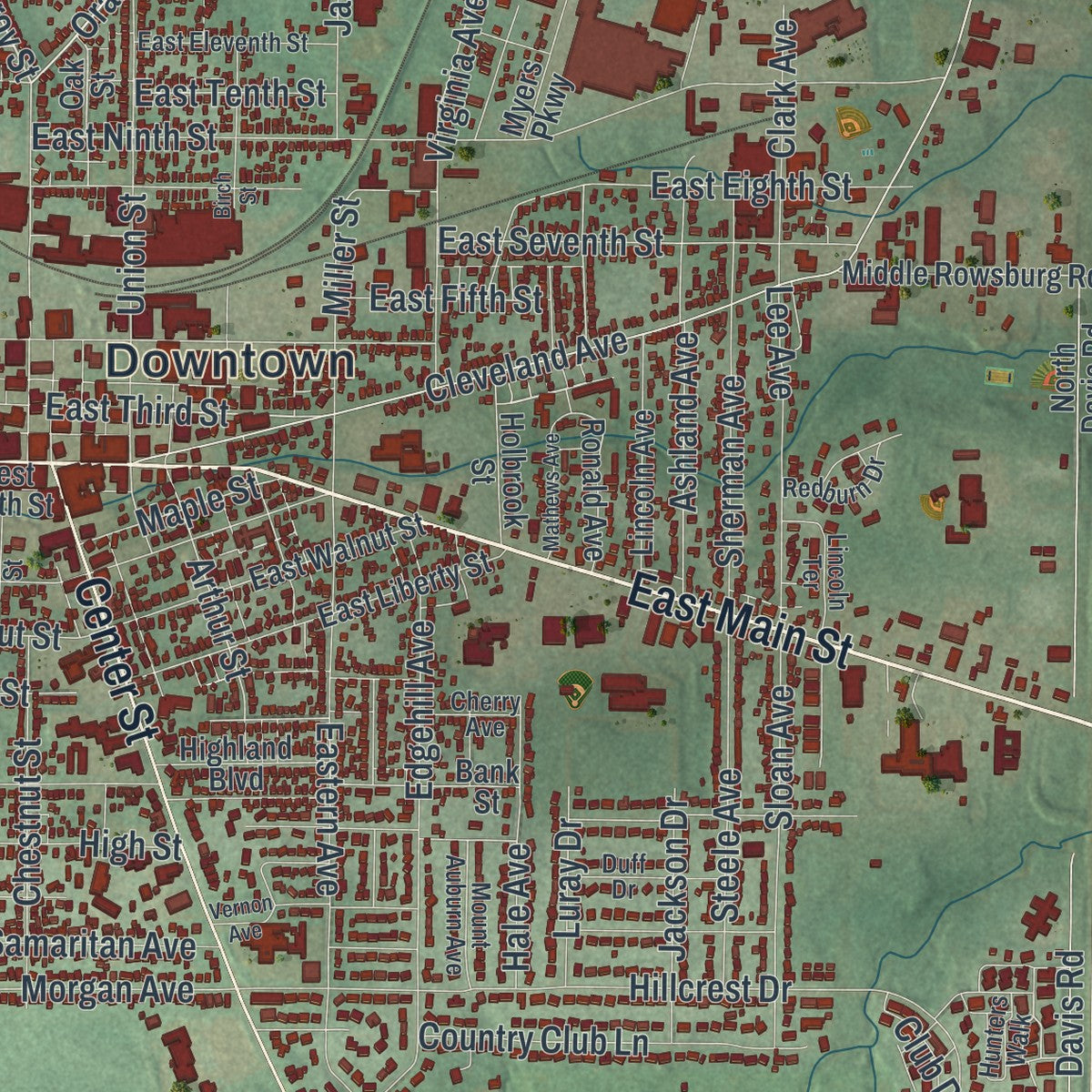 Second close-up of the map of Ashland, Ohio print showing more streets and buildings