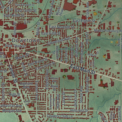Second close-up of the map of Ashland, Ohio print showing more streets and buildings